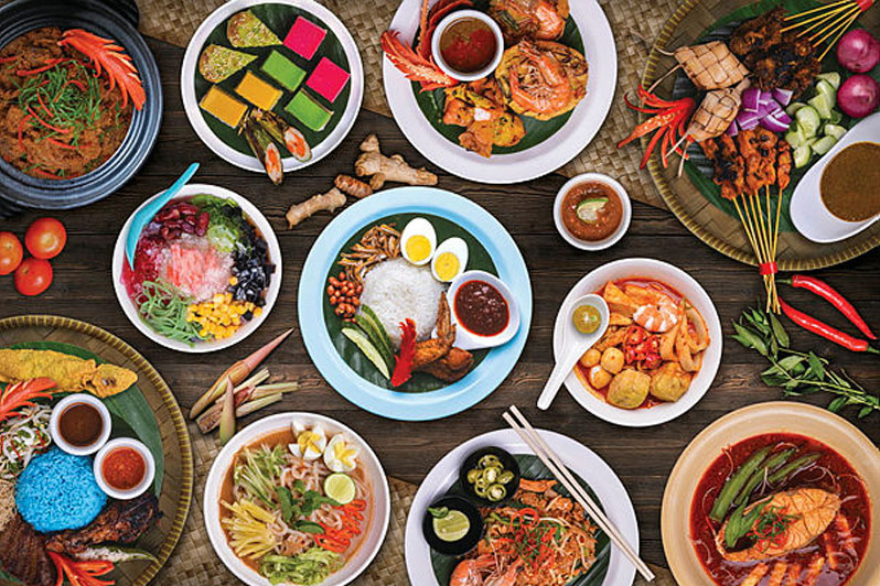 Traditional Malaysian food including local dishes and kuih